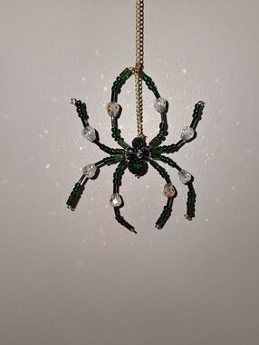 Handmade Beaded Spider Ornament - Green and Clear